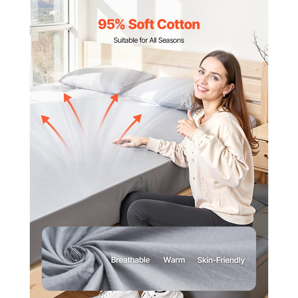VEVOR Grounding Sheets, Queen Size, 95% Cotton + 5% Pure Silver Fiber, Earth Grounded Fitted Bed Sheets, with Grounding Cord & Tester, for Improved Sleep & Wellness (Gray, Queen - 60 x 80 x 13 in)