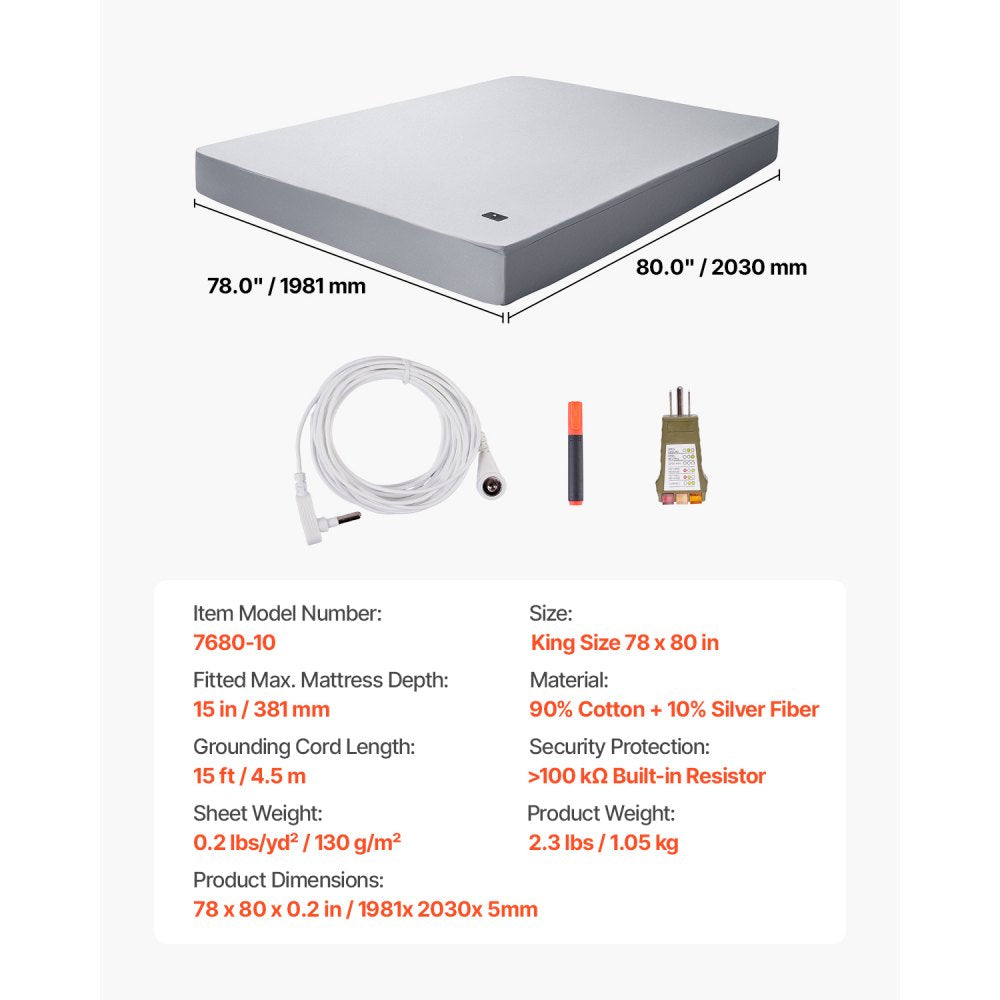 VEVOR Grounding Sheets, King Size, 90% Cotton + 10% Pure Silver Fiber, Earth Grounded Fitted Bed Sheets, with Grounding Cord & Tester, for Improved Sleep & Wellness (Gray, King - 78 x 80 x 15 in)