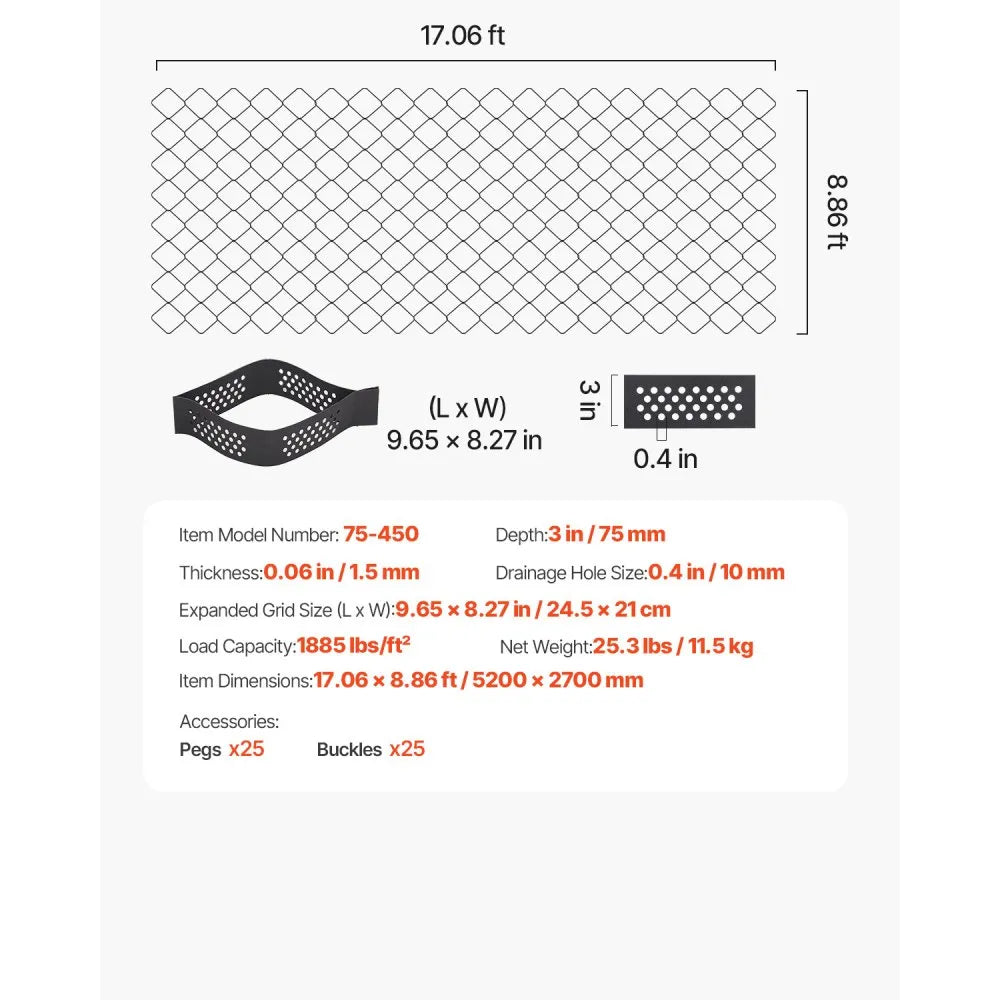 VEVOR Gravel Grid, 3 Inch Depth, 17.06 x 8.86 FT / 5200 x 2700 mm, 1880 LBS Per Sq ft Grass Ground Retainer, Permeable Geo Grids Driveway Stabilization, for Garden, Patio, Walkway, RV Parking Slopes