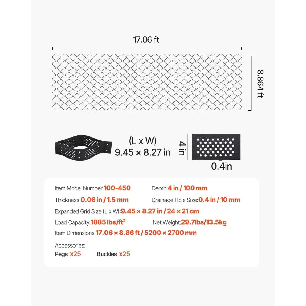 VEVOR Gravel Grid, 4 Inch Depth, 17.06 x 8.86 FT / 5200 x 2700 mm, 1880 LBS Per Sq ft Grass Ground Retainer, Permeable Geo Grids Driveway Stabilization, for Garden, Patio, Walkway, RV Parking Slopes