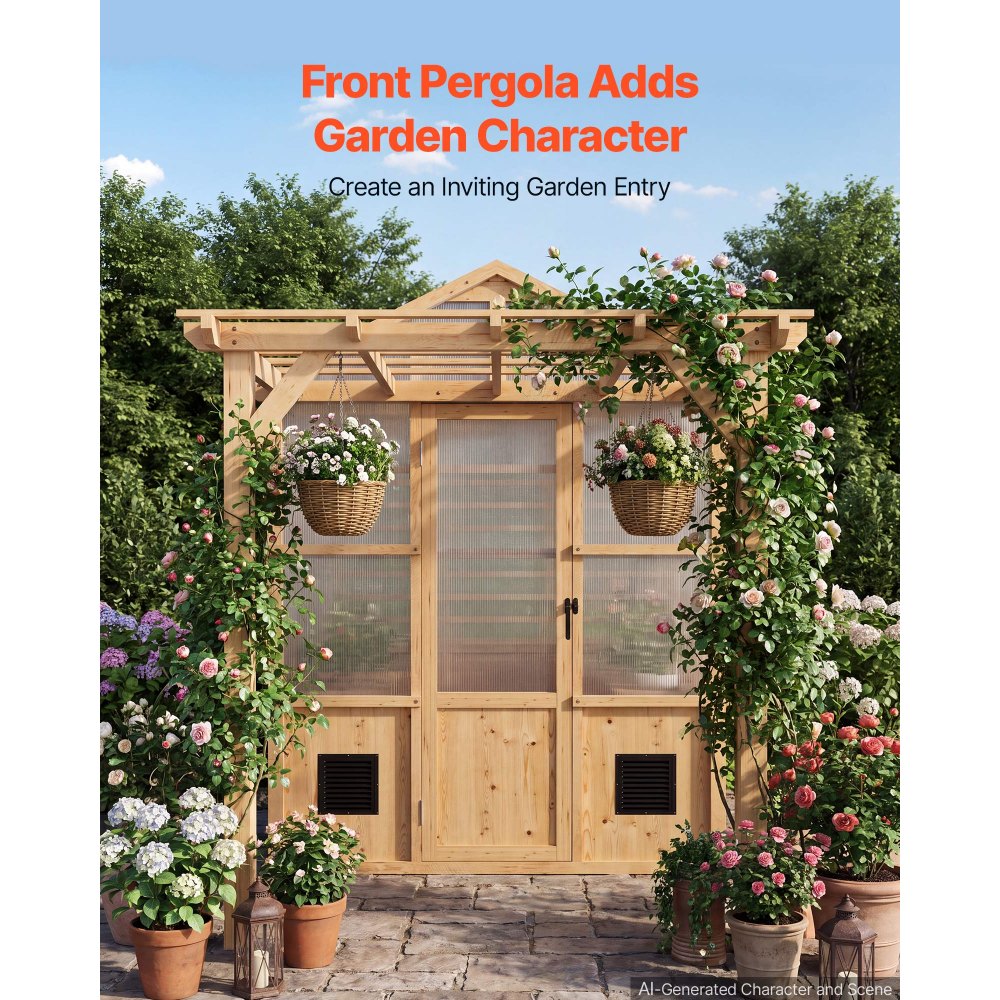 VEVOR Wooden Greenhouse 6'x12' Fir Wood Walk-In Greenhouse Kit with Pergola, for Outdoor Garden Backyard, Heavy Duty Green House with Polycarbonate Panels, Foldable Shelves, Tool Rails & Lockable Door