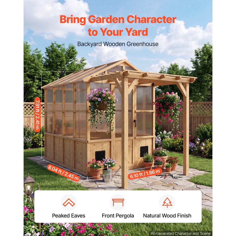 VEVOR Wooden Greenhouse 6'x8' Fir Wood Walk-In Greenhouse Kit with Pergola, for Outdoor Garden Backyard, Heavy Duty Green House with Polycarbonate Panels, Foldable Shelves, Tool Rails & Lockable Door