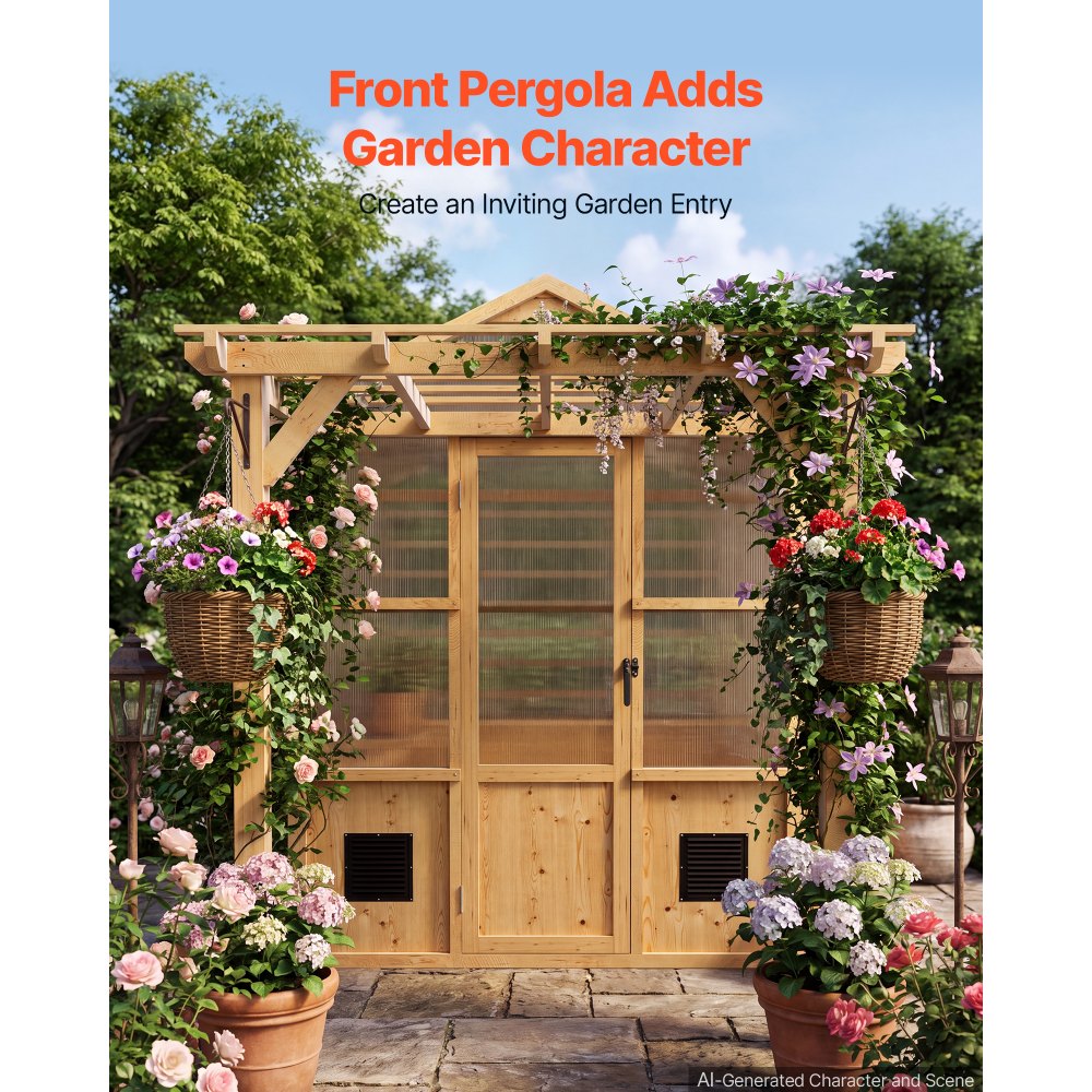 VEVOR Wooden Greenhouse 6'x8' Fir Wood Walk-In Greenhouse Kit with Pergola, for Outdoor Garden Backyard, Heavy Duty Green House with Polycarbonate Panels, Foldable Shelves, Tool Rails & Lockable Door
