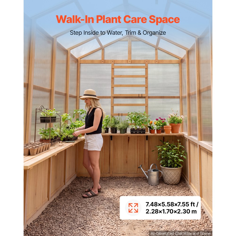 VEVOR Wooden Greenhouse 6'x8' Fir Wood Walk-In Greenhouse Kit with Pergola, for Outdoor Garden Backyard, Heavy Duty Green House with Polycarbonate Panels, Foldable Shelves, Tool Rails & Lockable Door
