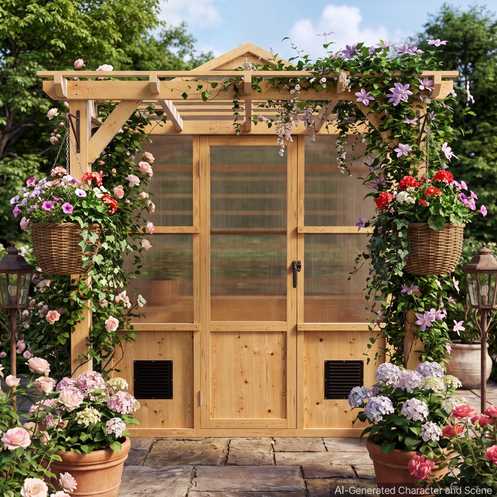 VEVOR Wooden Greenhouse 6'x8' Fir Wood Walk-In Greenhouse Kit with Pergola, for Outdoor Garden Backyard, Heavy Duty Green House with Polycarbonate Panels, Foldable Shelves, Tool Rails & Lockable Door
