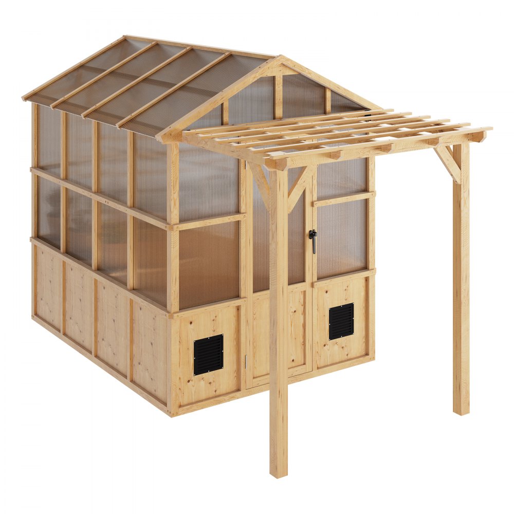 VEVOR Wooden Greenhouse 6'x8' Fir Wood Walk-In Greenhouse Kit with Pergola, for Outdoor Garden Backyard, Heavy Duty Green House with Polycarbonate Panels, Foldable Shelves, Tool Rails & Lockable Door