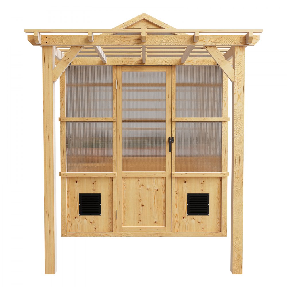 VEVOR Wooden Greenhouse 6'x8' Fir Wood Walk-In Greenhouse Kit with Pergola, for Outdoor Garden Backyard, Heavy Duty Green House with Polycarbonate Panels, Foldable Shelves, Tool Rails & Lockable Door