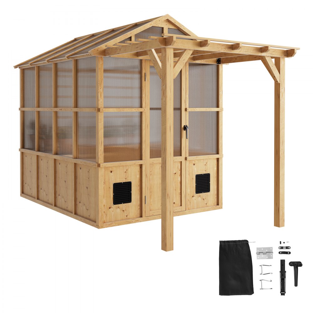 VEVOR Wooden Greenhouse 6'x8' Fir Wood Walk-In Greenhouse Kit with Pergola, for Outdoor Garden Backyard, Heavy Duty Green House with Polycarbonate Panels, Foldable Shelves, Tool Rails & Lockable Door