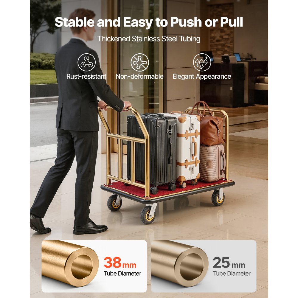 VEVOR Hotel Luggage Cart, 750 lbs Heavy Duty Bellman Cart with Stainless Steel Frame, 6 in Rubber Wheels, Red Carpeted Deck, Commercial Luggage Carrier Rolling Trolley for Hotels, Resorts, Gold