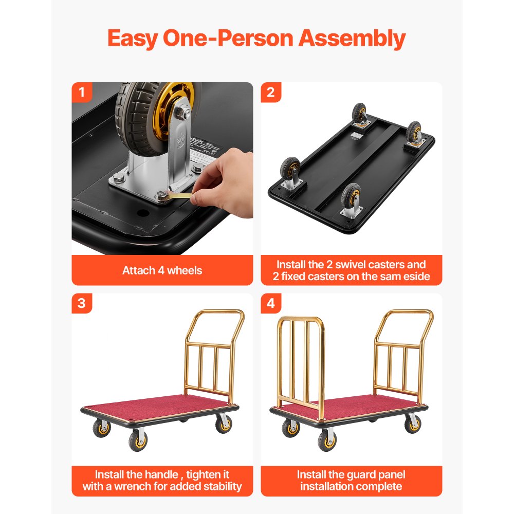 VEVOR Hotel Luggage Cart, 750 lbs Heavy Duty Bellman Cart with Stainless Steel Frame, 6 in Rubber Wheels, Red Carpeted Deck, Commercial Luggage Carrier Rolling Trolley for Hotels, Resorts, Gold