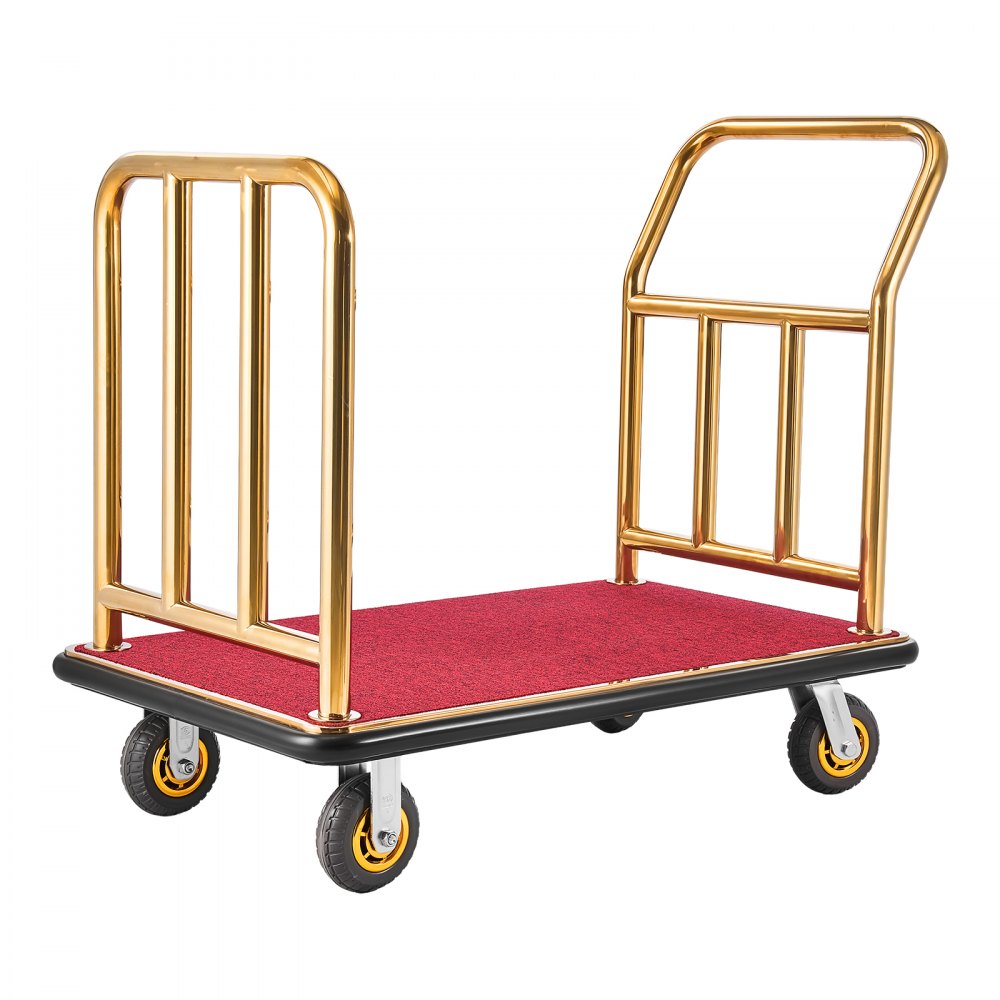 VEVOR Hotel Luggage Cart, 750 lbs Heavy Duty Bellman Cart with Stainless Steel Frame, 6 in Rubber Wheels, Red Carpeted Deck, Commercial Luggage Carrier Rolling Trolley for Hotels, Resorts, Gold