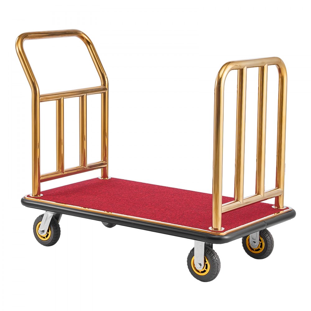 VEVOR Hotel Luggage Cart, 750 lbs Heavy Duty Bellman Cart with Stainless Steel Frame, 6 in Rubber Wheels, Red Carpeted Deck, Commercial Luggage Carrier Rolling Trolley for Hotels, Resorts, Gold