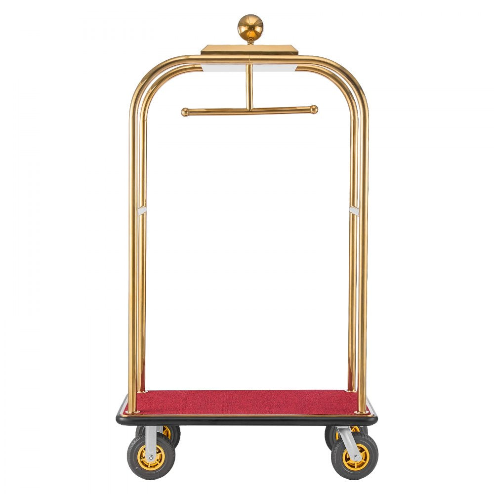 VEVOR Hotel Luggage Cart, 1200 lbs Heavy Duty Bellman Cart with Stainless Steel Frame, 8 in Rubber Wheels, Red Carpeted Deck, Commercial Luggage Carrier Rolling Trolley for Hotels, Resorts, Gold