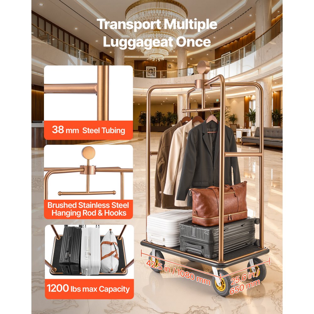 VEVOR Hotel Luggage Cart, 1200 lbs Heavy Duty Bellman Cart with Stainless Steel Frame, 8 in Rubber Wheels, Black Carpeted Deck, Commercial Luggage Carrier Rolling Trolley for Hotels,Resorts, Rose Gold