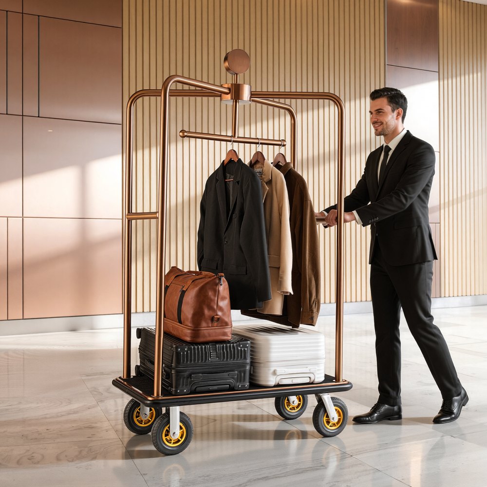 VEVOR Hotel Luggage Cart, 1200 lbs Heavy Duty Bellman Cart with Stainless Steel Frame, 8 in Rubber Wheels, Black Carpeted Deck, Commercial Luggage Carrier Rolling Trolley for Hotels,Resorts, Rose Gold