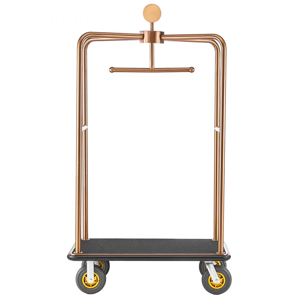 VEVOR Hotel Luggage Cart, 1200 lbs Heavy Duty Bellman Cart with Stainless Steel Frame, 8 in Rubber Wheels, Black Carpeted Deck, Commercial Luggage Carrier Rolling Trolley for Hotels,Resorts, Rose Gold