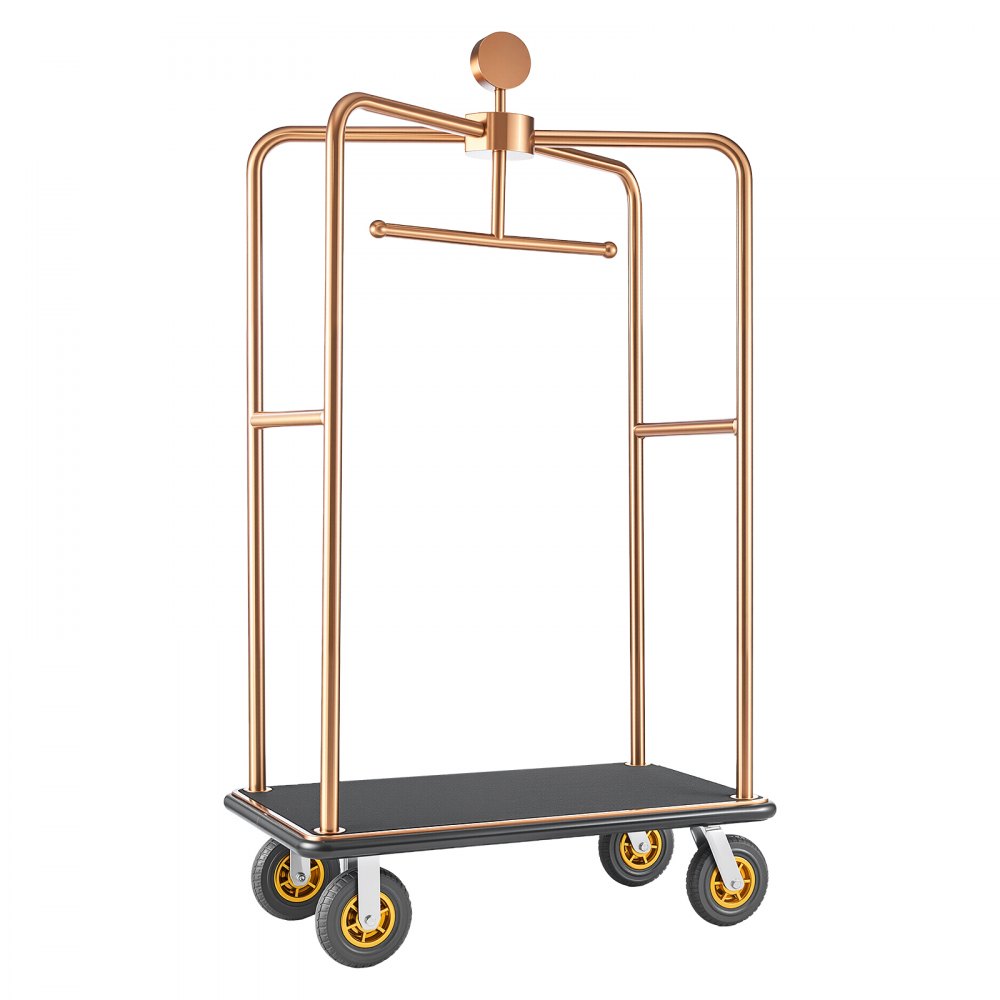 VEVOR Hotel Luggage Cart, 1200 lbs Heavy Duty Bellman Cart with Stainless Steel Frame, 8 in Rubber Wheels, Black Carpeted Deck, Commercial Luggage Carrier Rolling Trolley for Hotels,Resorts, Rose Gold