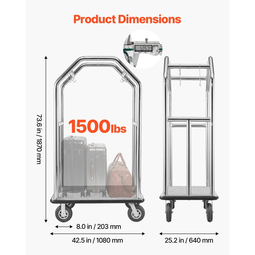 VEVOR Hotel Luggage Cart, 1500 lbs Heavy Duty Bellman Cart with Stainless Steel Frame, 8 in Rubber Wheels, Gray Carpeted Deck, Commercial Luggage Carrier Rolling Trolley for Hotels,Resorts,Silver