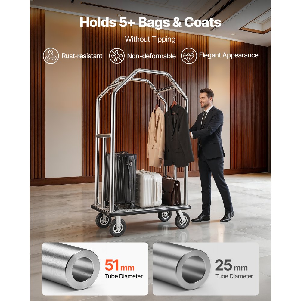 VEVOR Hotel Luggage Cart, 1500 lbs Heavy Duty Bellman Cart with Stainless Steel Frame, 8 in Rubber Wheels, Gray Carpeted Deck, Commercial Luggage Carrier Rolling Trolley for Hotels,Resorts,Silver