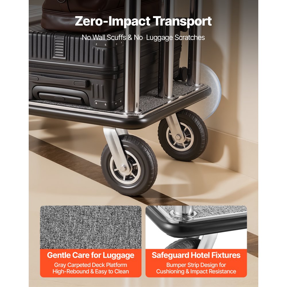 VEVOR Hotel Luggage Cart, 1500 lbs Heavy Duty Bellman Cart with Stainless Steel Frame, 8 in Rubber Wheels, Gray Carpeted Deck, Commercial Luggage Carrier Rolling Trolley for Hotels,Resorts,Silver