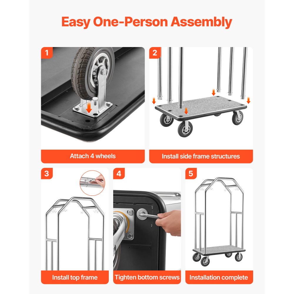 VEVOR Hotel Luggage Cart, 1500 lbs Heavy Duty Bellman Cart with Stainless Steel Frame, 8 in Rubber Wheels, Gray Carpeted Deck, Commercial Luggage Carrier Rolling Trolley for Hotels,Resorts,Silver