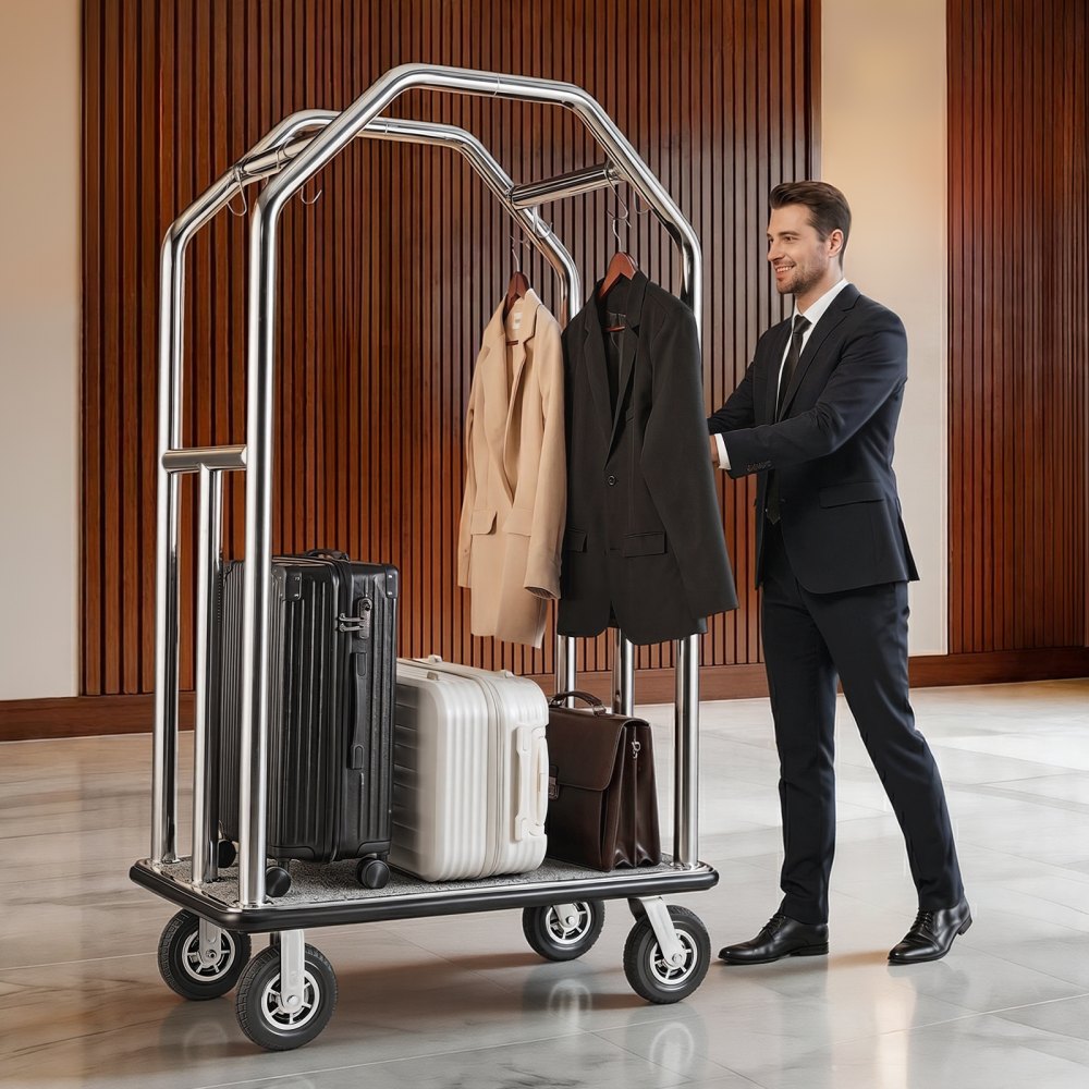 VEVOR Hotel Luggage Cart, 1500 lbs Heavy Duty Bellman Cart with Stainless Steel Frame, 8 in Rubber Wheels, Gray Carpeted Deck, Commercial Luggage Carrier Rolling Trolley for Hotels,Resorts,Silver