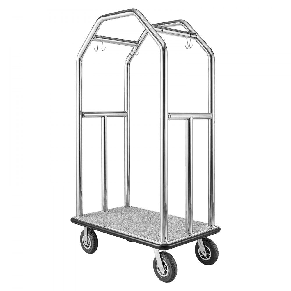 VEVOR Hotel Luggage Cart, 1500 lbs Heavy Duty Bellman Cart with Stainless Steel Frame, 8 in Rubber Wheels, Gray Carpeted Deck, Commercial Luggage Carrier Rolling Trolley for Hotels,Resorts,Silver