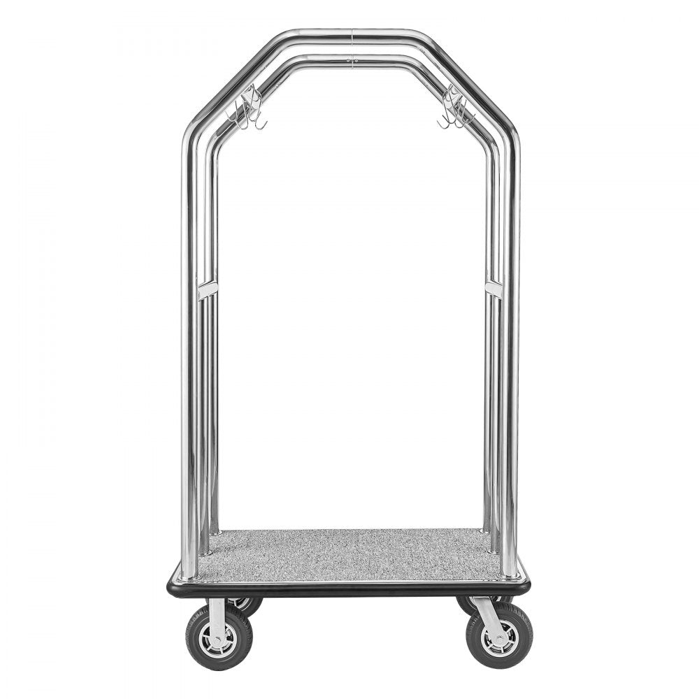 VEVOR Hotel Luggage Cart, 1500 lbs Heavy Duty Bellman Cart with Stainless Steel Frame, 8 in Rubber Wheels, Gray Carpeted Deck, Commercial Luggage Carrier Rolling Trolley for Hotels,Resorts,Silver