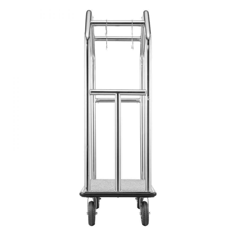 VEVOR Hotel Luggage Cart, 1500 lbs Heavy Duty Bellman Cart with Stainless Steel Frame, 8 in Rubber Wheels, Gray Carpeted Deck, Commercial Luggage Carrier Rolling Trolley for Hotels,Resorts,Silver