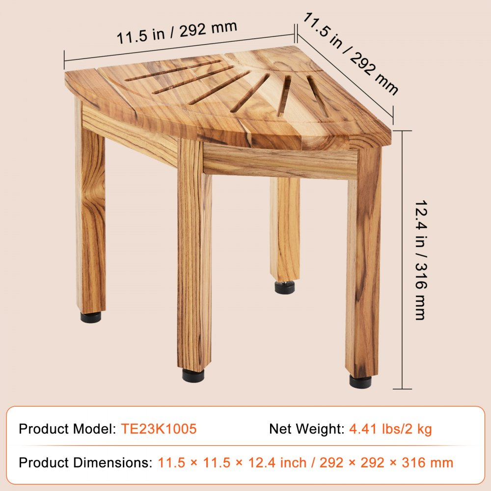 VEVOR Corner Teak Shower Bench, 12.4" Height 11.5" Radius, 100% Teak Wood Corner Shower Beach, 300 LBS with Storage Shelf, Shower Stool for Inside & Outside Shower, for Bathroom