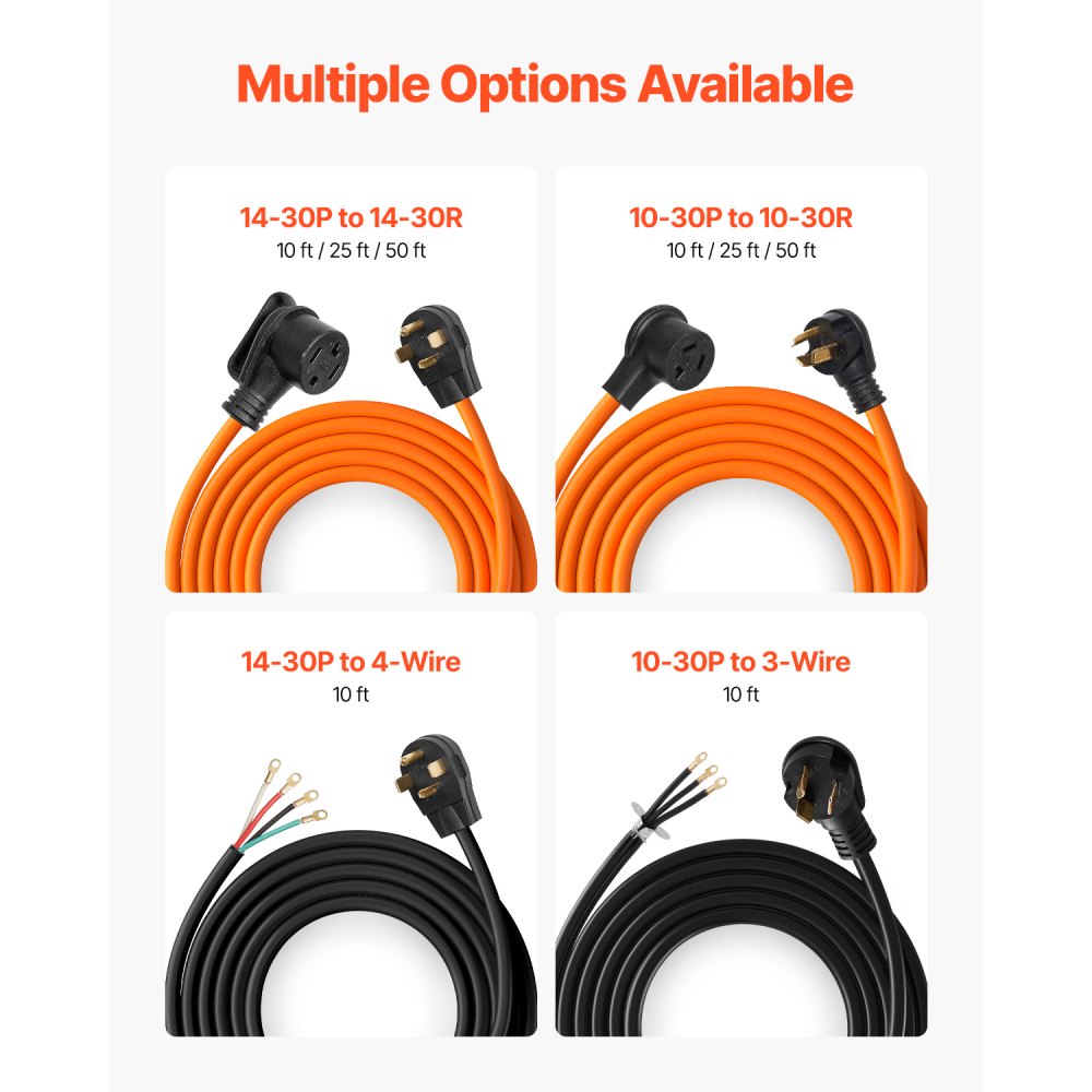 VEVOR 10 ft Dryer Extension Cord, 4-Prong NEMA 14-30P to 14-30R Dryer Cord, 125V/250V, STW 10AWG/4C, 30A, Pure Copper Wire Cable with Black Non-woven Bag and PVC Cable Tie, for Outdoor & Indoor Use