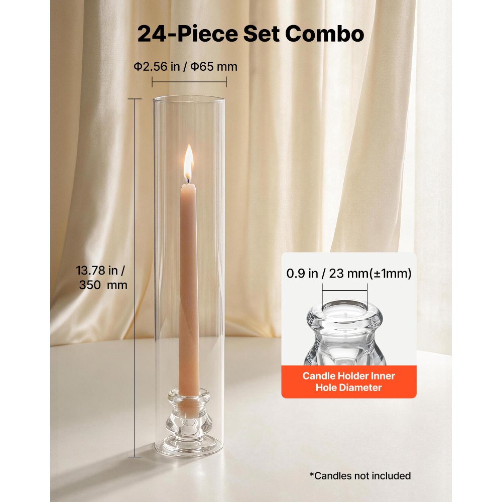VEVOR Hurricane Candle Holders Set of 24, Φ2.56 x 13.78 in Tall Clear Glass Cylinder Candleholder Sleeve, High Borosilicate Glass, Wind Protection for Wedding, Table Centerpiece, Party, Home Decor