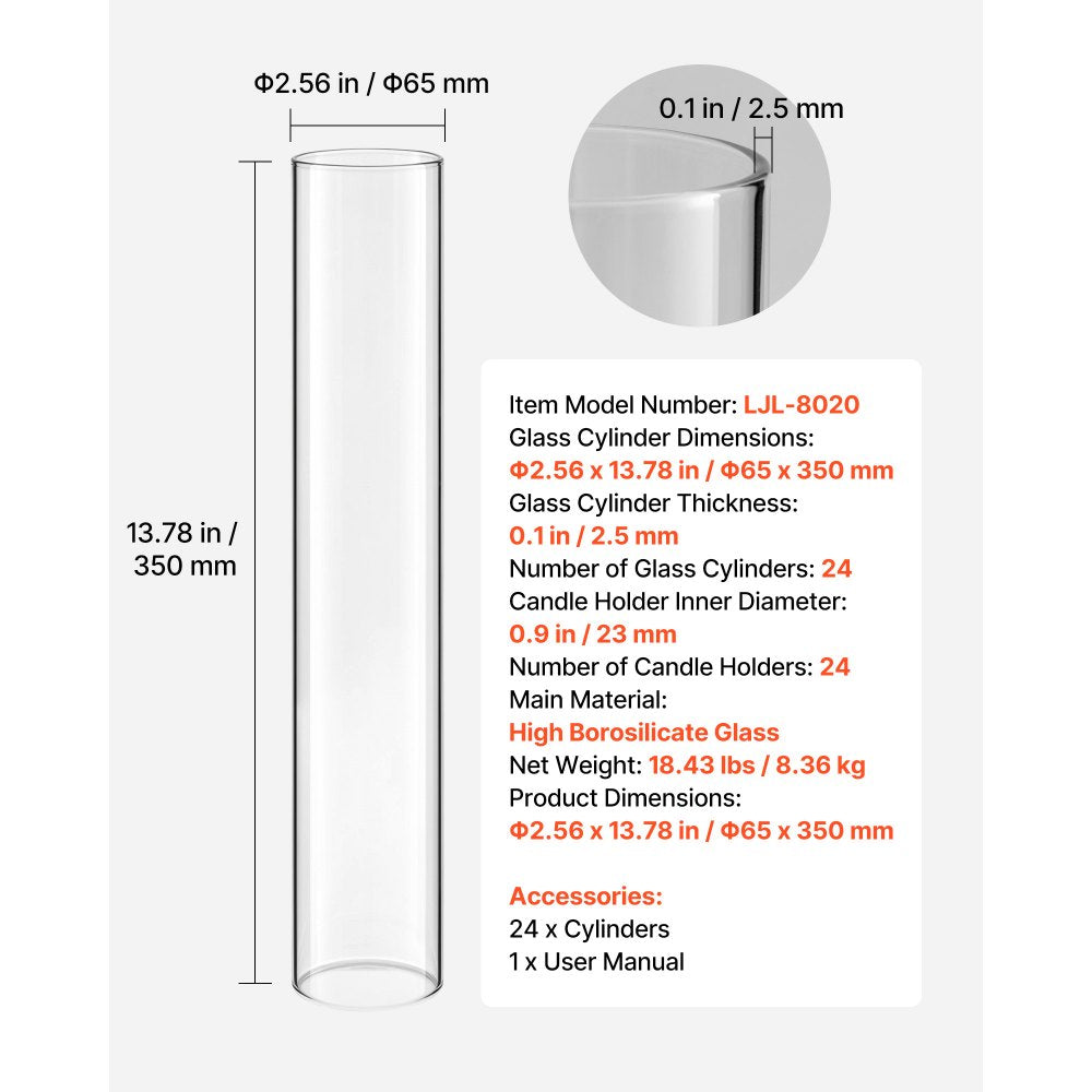 VEVOR Hurricane Glass Cylinders Set of 24, Φ2.56 x 13.78 in Tall Clear Glass Candle Covers, High Borosilicate Glass Sleeves for Pillar Candles, Wedding Centerpieces, Home Decor, Party, Wind Protection