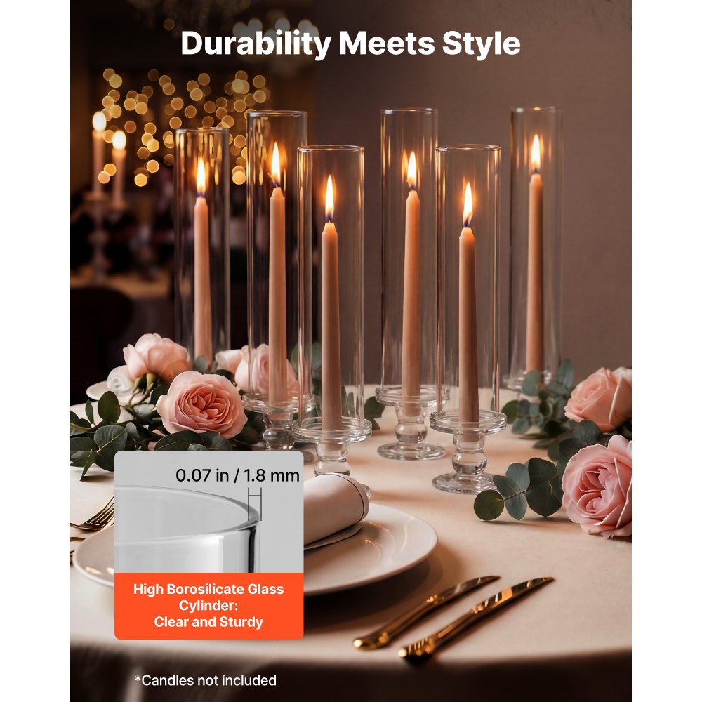 VEVOR Hurricane Candle Holders Set of 24, 12.6 in Tall Clear Glass Taper Candle Holders, High Borosilicate Glass, 2.36 in Cylinder for Wedding, Table Centerpiece, Party, Home Decor, Wind Protection
