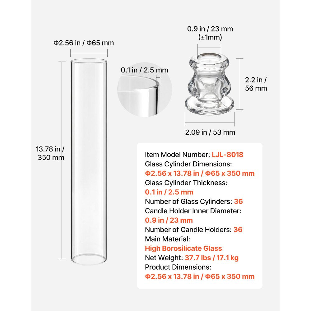VEVOR Hurricane Candle Holders Set of 36, Φ2.56 x 13.78 in Tall Clear Glass Cylinder Candleholder Sleeve, High Borosilicate Glass, Wind Protection for Wedding, Table Centerpiece, Party, Home Decor