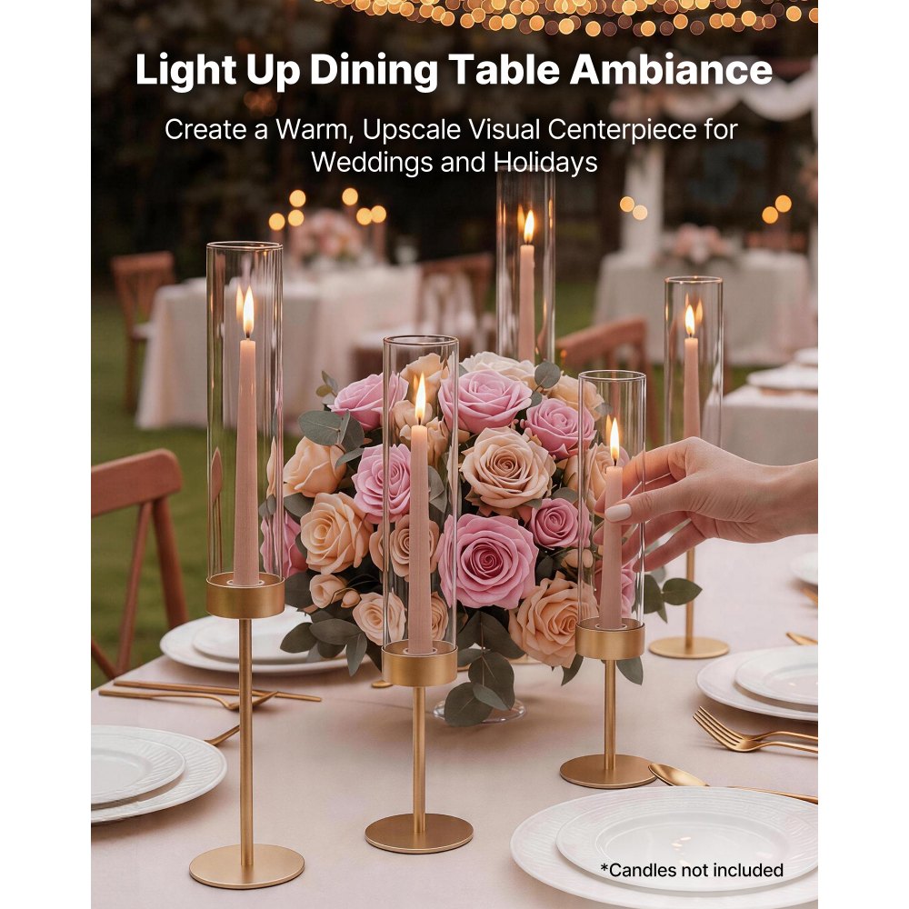 VEVOR Hurricane Candle Holders Set of 18, Gold Metal Stand with Clear Glass Cylinders, Elegant Tiered Centerpieces Wind Protection for Wedding, Table Centerpieces, Party, Home Decor, Modern Style