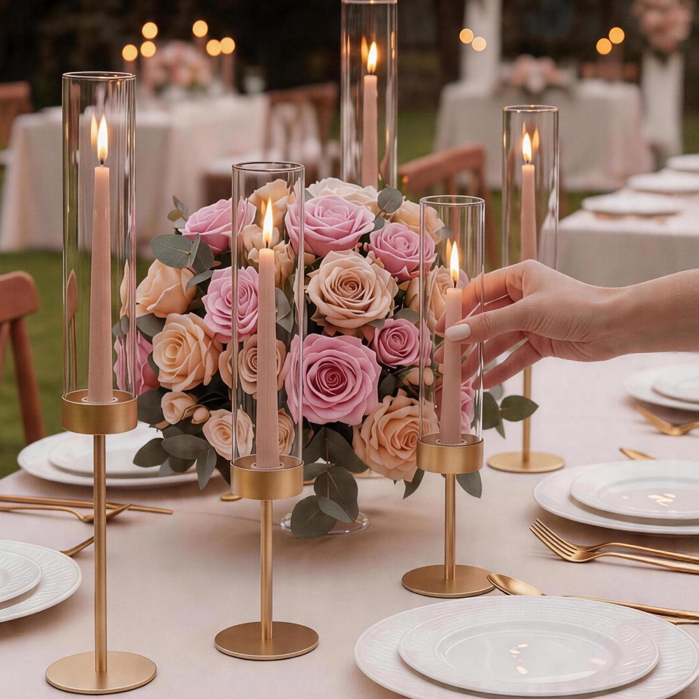 VEVOR Hurricane Candle Holders Set of 18, Gold Metal Stand with Clear Glass Cylinders, Elegant Tiered Centerpieces Wind Protection for Wedding, Table Centerpieces, Party, Home Decor, Modern Style