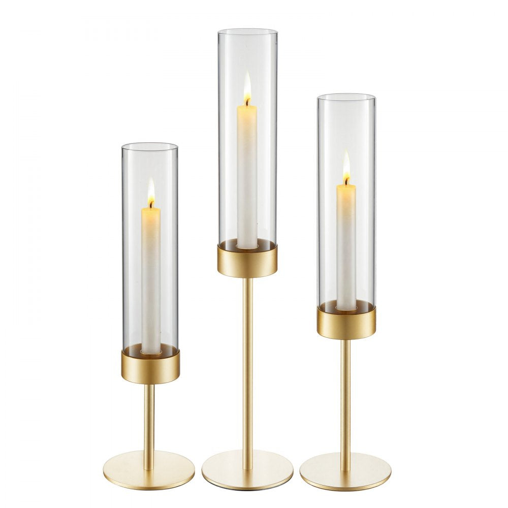 VEVOR Hurricane Candle Holders Set of 18, Gold Metal Stand with Clear Glass Cylinders, Elegant Tiered Centerpieces Wind Protection for Wedding, Table Centerpieces, Party, Home Decor, Modern Style