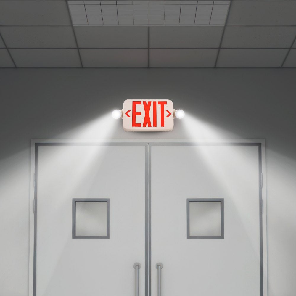 VEVOR LED Emergency Exit Sign, Dual Adjustable LED Heads, Battery-Backed Fire Exit Lighting, Red Letter Combo, Commercial Grade