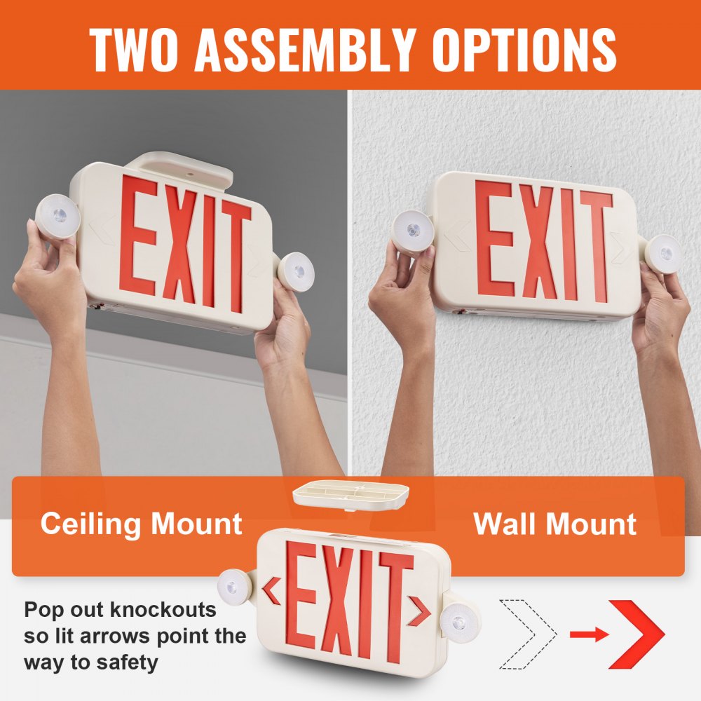 VEVOR LED Exit Sign with Emergency Lights, Two LED Adjustable Heads Emergency Exit Light with Battery Backup, Combo Red Letter Fire Exit Lighting, Commercial Exit Signs