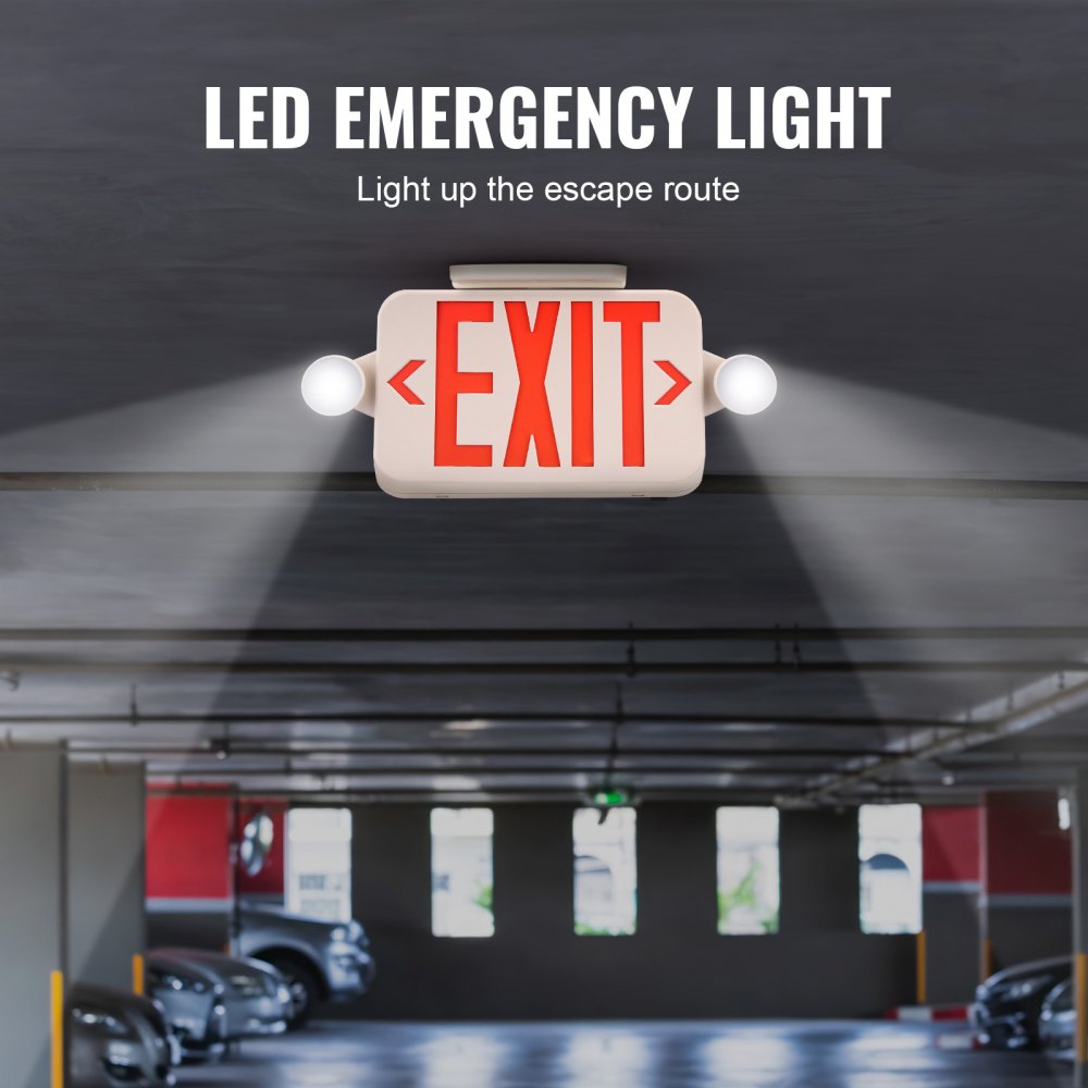 VEVOR LED Exit Sign with Emergency Lights, Two LED Adjustable Heads Emergency Exit Light with Battery Backup, Combo Red Letter Fire Exit Lighting, Commercial Exit Signs