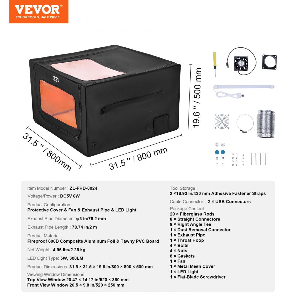 VEVOR Laser Engraver Enclosure, 31.5 x 31.5 x 19.6", Dual-Direction Viewing, Flame Retardant and Fireproof Protective Cover, with Exhaust Fan and Pipe, Insulates Smoke, Noise and Eye Protection