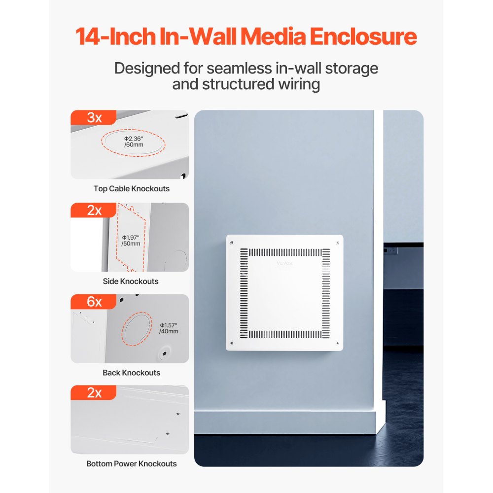 VEVOR Structured Media Enclosure, 14-Inch, Recessed in-Wall Media Box with Cover, Wall-Mount Cable Management Box Kit, Structured Wiring Multi-Media Cabinet, Cold-Rolled Steel, for TV Home Theater