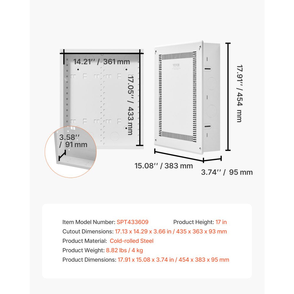 VEVOR Structured Media Enclosure, 17-Inch, Recessed in-Wall Media Box with Cover, Wall-Mount Cable Management Box Kit, Structured Wiring Multi-Media Cabinet, Cold-Rolled Steel, for TV Home Theater