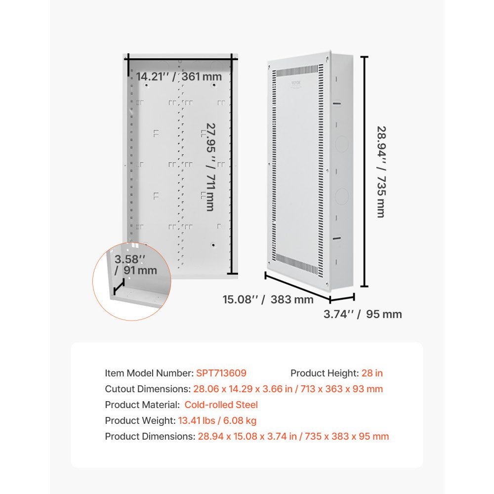 VEVOR Structured Media Enclosure, 28-Inch, Recessed in-Wall Media Box with Cover, Wall-Mount Cable Management Box Kit, Structured Wiring Multi-Media Cabinet, Cold-Rolled Steel, for TV Home Theater