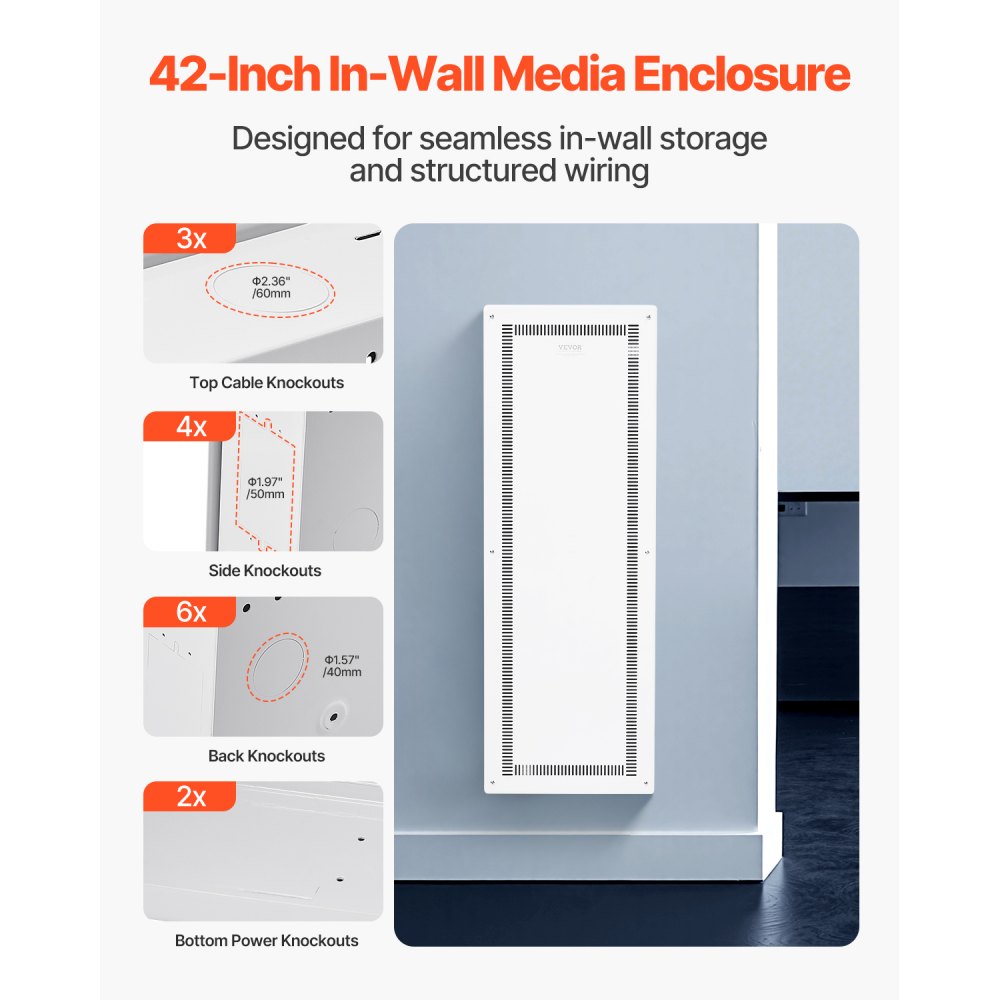 VEVOR Structured Media Enclosure, 42-Inch, Recessed in-Wall Media Box with Cover, Wall-Mount Cable Management Box Kit, Structured Wiring Multi-Media Cabinet, Cold-Rolled Steel, for TV Home Theater