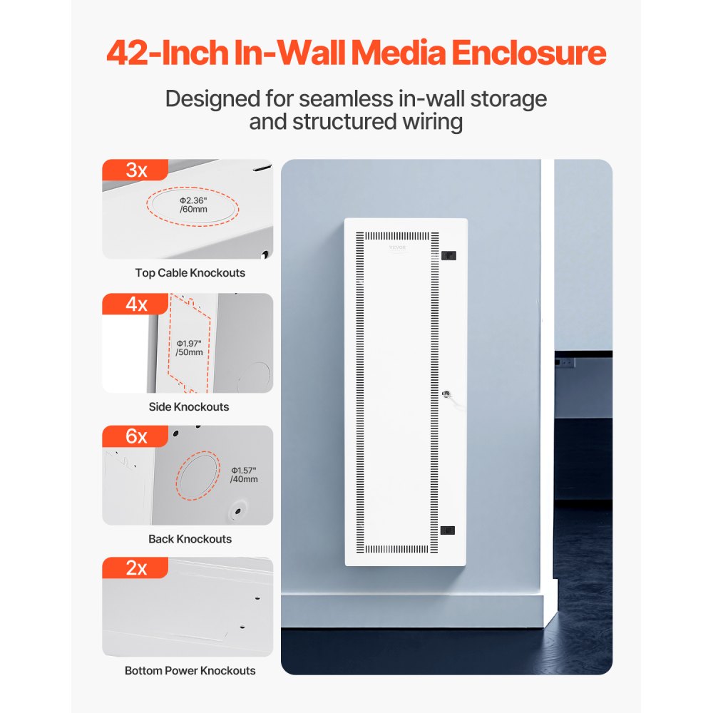 VEVOR Media Enclosure, 42-Inch, Structured Media Center with Vented Hinged Door, Cable Management Box, Structured Wiring Multi-Media Cabinet, Recessed Electrical Media Box, for Network Distribution