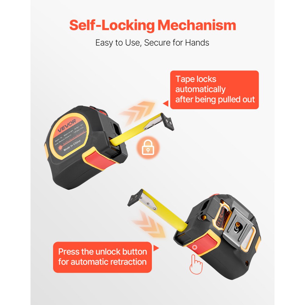 VEVOR 2-in-1 Laser Tape Measure, 135Ft Rechargeable Laser Measurement Tool & 16Ft Measuring Tape with Magnetic, 4 Modes-Length, Area, Volume, Continuous,ft/in/m/ft+in Unit,for Outdoor,Decoration