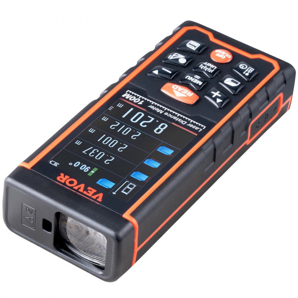 VEVOR Laser Measure, 328 ft, ±1/16'' Accuracy Laser Distance Measure with 100-Group Storage, ft/m/in/ft+in, 2.4'' Colorlit LCD Screen Laser Meter, Pythagorean Mode, Measure Distance, Area and Volume