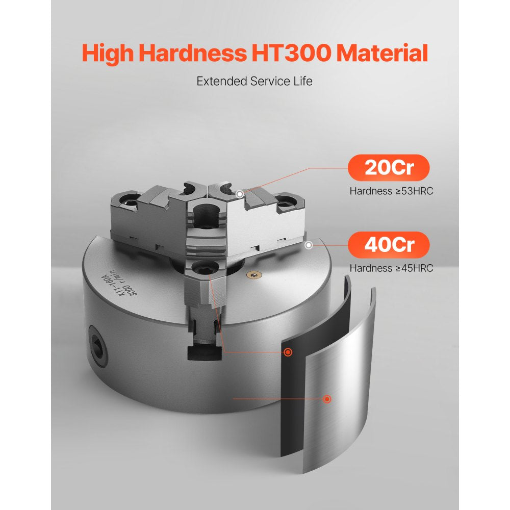 VEVOR 3-Jaw Lathe Chuck, 6 Inch (160 mm), Self-Centering Chuck with 1 1/2 in-8 Threaded Backing Plate, 0.12-5.71 in (3-145 mm) Clamping Range with T-wrench Screws, HT300 Material, for Wood Metal Lathe